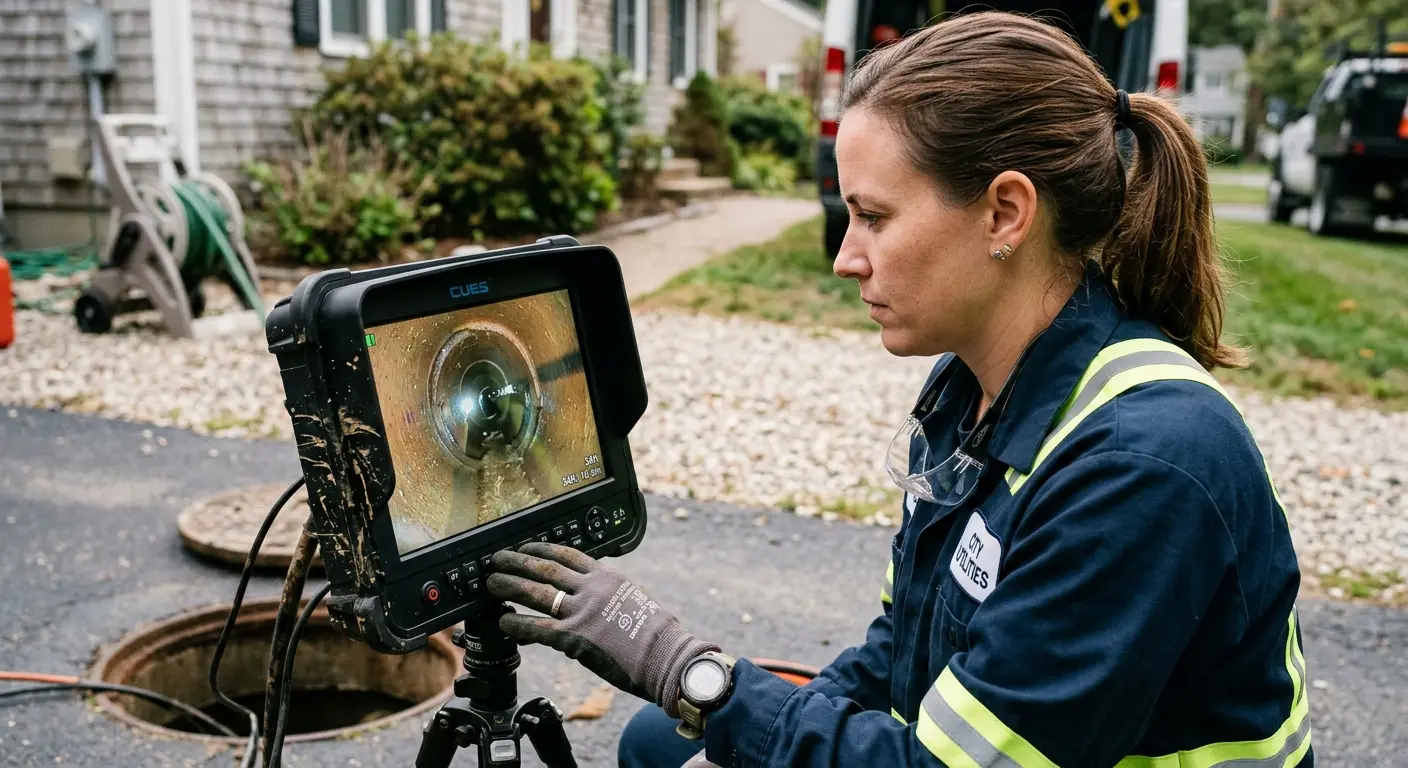 Technician reviewing sewer camera inspection footage in New Hartford