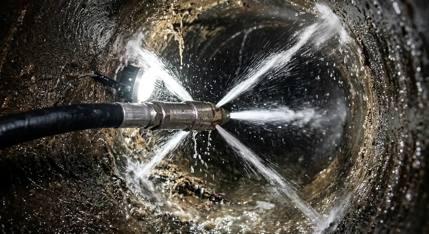 High-pressure hydro jetting nozzle cleaning sewer pipe for Trenchless Sewer Repair in New Hartford