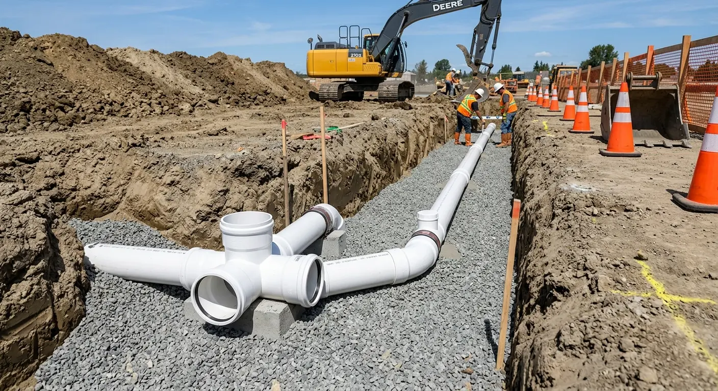 New PVC sewer pipe installation in open trench for Commercial Drain Cleaning in New Hartford