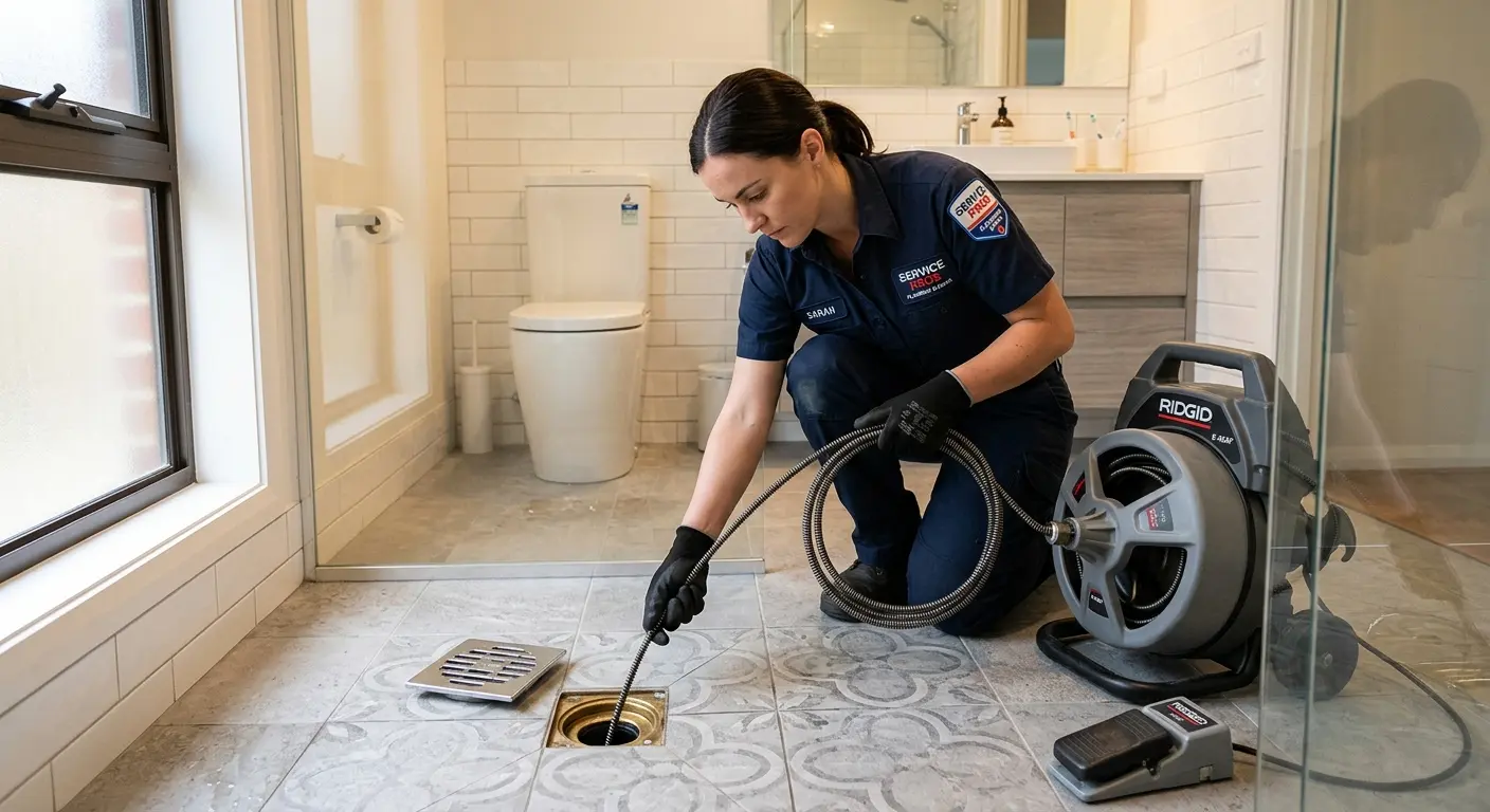 Technician clearing a bathroom floor drain for Sewer Line Replacement in New Hartford